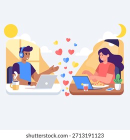 Flat design vector storytelling scene of a couple having a virtual dinner date on tablets, representing long distance relationship and modern digital love connection for Valentine's Day apps.