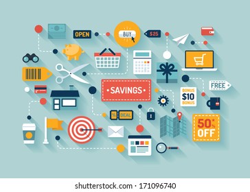 Flat design vector stylish illustration concept with icons of retail commerce and marketing elements such as promotion, coupon, discount with various shopping and money economy sign and symbol. 