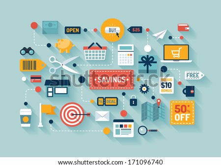 Flat design vector stylish illustration concept with icons of retail commerce and marketing elements such as promotion, coupon, discount with various shopping and money economy sign and symbol. 