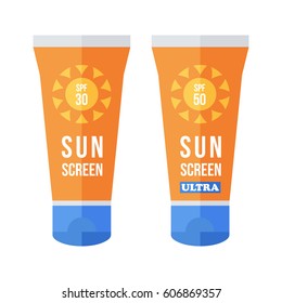 Flat design vector sunscreen bottles, tubes isolated in white background.
