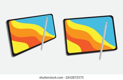 Flat design vector of tablet with stylus pen, ideal for education, e-learning, design, or school technology tools content. Isolated on white background.