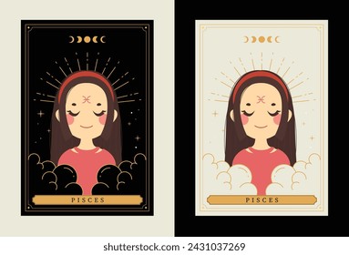 Flaches Design Vektor Tarot Horoskop Sternzeichen Fische Kunstsammlung 