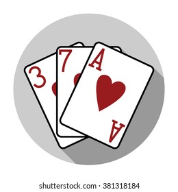Flat design vector three hearts playing cards icon, isolated