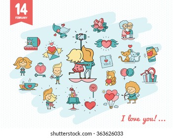 Flat design vector Valentines day love icons and romance elements