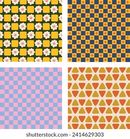flat design vector vintage retro cute element floral flower checkered pattern wallpaper background 