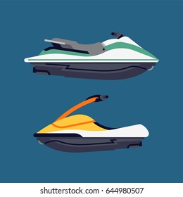 Flat design vector water jet scooters. Two illustrations of personal recreational watercraft. 'Sitting' and 'Standing' style categories of personal watercraft, side view isolated