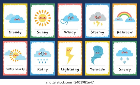 flat design vector weather flashcard printable worksheet for kids education activity