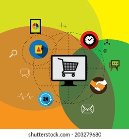 flat design vector web marketing & online ecommerce, shopping. This graphic also represents concepts like search engine marketing, internet promotion, web marketing, online business & e-commerce