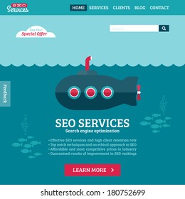 Flat design vector website template of SEO website searching optimization with cartoon submarine