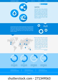 Flat design vector website template. Company selling water. Design in blue tones with elements of infographics. EPS 10