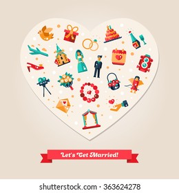 Flat design vector wedding and marriage icons and elements heart postcard