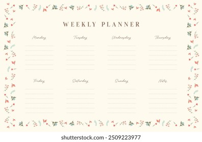 flat design vector weekly planner with flower decorations around it.