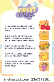 flat design vector what am i fruit match printable worksheet for kids activity