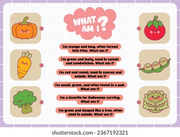 flat design vector what am i vegetable guess printable worksheet for kids activity