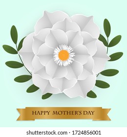 A flat design vector of white flower with leaves in paper cutting style. Mother's day greeting card illustration.