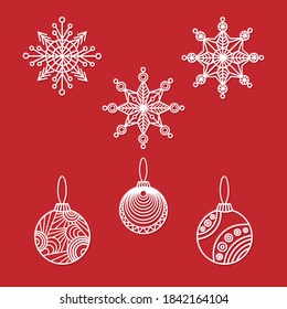 Diseño plano vectorial copos de nieve ornamentados en blanco y juguetes de Año Nuevo en un fondo rojo