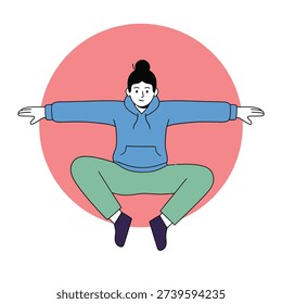 Flat design vector of a woman in a blue hoodie performing a stretching pose with arms wide against a pink circular background. Minimalist athletic character in pastel tones.