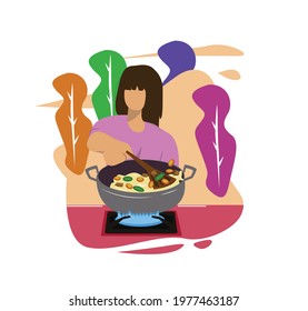 flat design vector of a woman cooking in the kitchen with joy. suitable for use in web design, posters, illustrations and others.