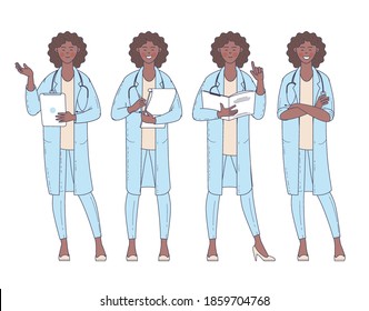 Flat design vector woman doctor with stethoscope character poses and actions set.