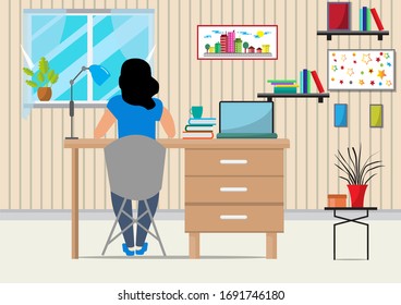 Flat design vector of  woman doing work at the laptop computer in office.She is sitting on a chair behind computer with picture,clock, lamp,Vector Graphic designer and workplace concept.