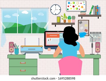 Flat design vector of  woman doing work at the laptop computer in office. She is sitting on a chair behind computer with picture,clock, lamp, Vector Graphic designer and workplace concept.