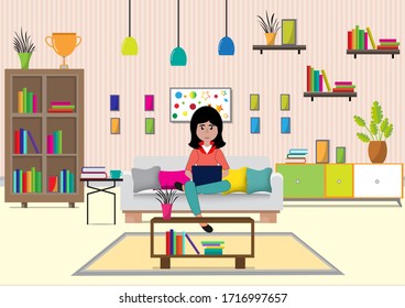 Vector de diseño plano de mujeres trabajando en el ordenador portátil en casa. Está sentada en un sofá detrás de la computadora con foto.trabajo desde casa, Freelance, Vector Graphic diseñador y concepto del lugar de trabajo.
