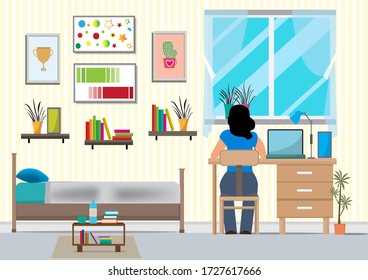 Flat design vector of  woman doing work at the laptop computer in office. She is sitting on a chair behind computer with picture,clock, lamp, Vector Graphic designer and workplace concept.