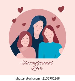 Flat design vector of a woman hugging her two daughters. Unconditional mother's love. Mother's day