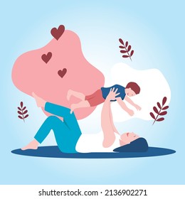 Flat design vector of a woman lying on the ground lifting her child in her arms. Mother love