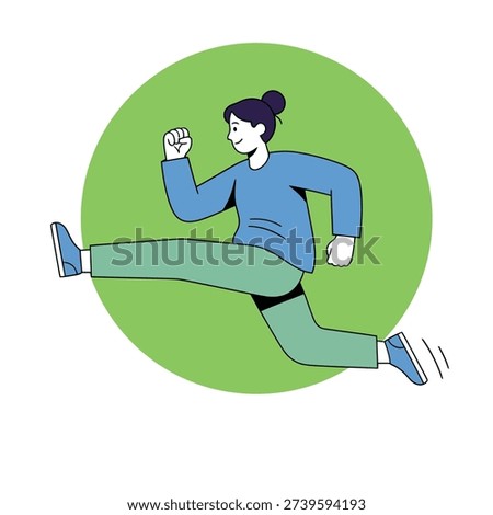 Flat design vector of a woman performing a long, dynamic stride or leap against a green circular backdrop. Minimalist character design with clean outlines and pastel colors.