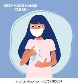 Flat Design Vector Woman Using Alchohol Gel To Sanitize.