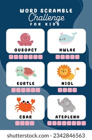 flat design vector word scramble challenge for kids printable activity worksheet