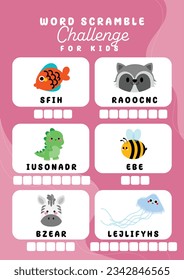 flat design vector word scramble challenge for kids printable activity worksheet