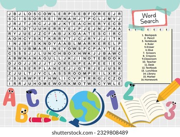 flat design vector word search printable for kids activity