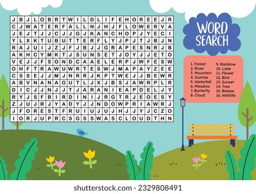 flat design vector word search printable for kids activity