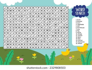 flat design vector word search printable for kids activity