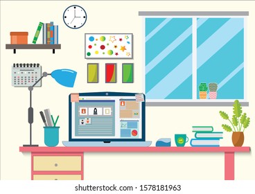 Flat design vector of workplace modern desk with tree,laptop.Office work space with table,desktop computer use for web,picture,clock,Vector interior and workplace concept.