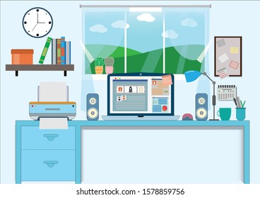 Flat design vector of workplace modern desk with laptop. Office work space with printer,desktop computer use for web, picture, clock, book, Vector interior and workplace concept.