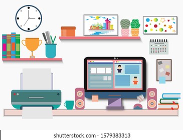 Flat design vector of workplace modern desk with computer and printer.Office work space with book,desktop computer use for web,picture,clock,Vector interior and workplace concept.