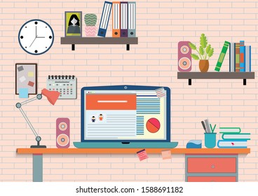 Flat design vector of workplace modern desk with laptop.Office work space with lamp,desktop computer use for web,picture,clock,book,internet,Vector interior and workplace concept.