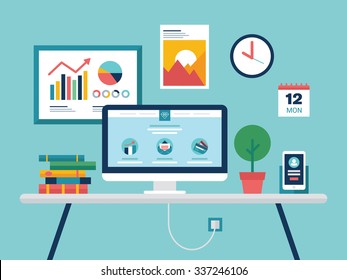 Flat design vector workspace illustration. Office interior with desk, books, desktop computer, phone, plant, clock, graph chart, poster.