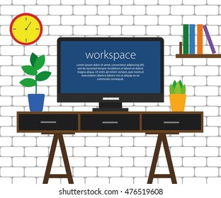 Flat design vector workspace illustration. Office interior with modern desk, desktop computer, plants, clock and book shelf on the background of a brick white wall.
