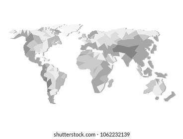Flat design vector world map silhouettes isolated on white background.Low polygons continents silhouettes.America,Europe,Asia,Australia and Africa map.