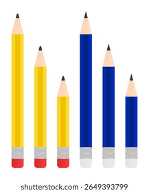 Flat design vector of yellow with red  erasers and blue wooden pencils  and white erasers in three lengths full, medium, and short.
