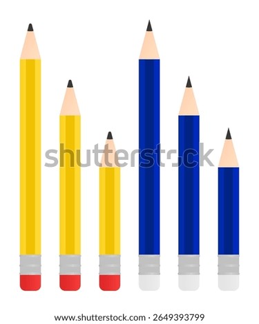 Flat design vector of yellow with red  erasers and blue wooden pencils  and white erasers in three lengths full, medium, and short.