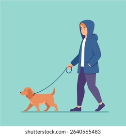 Flat Design Vector of Young Adult Walking Small Dog on Teal Background