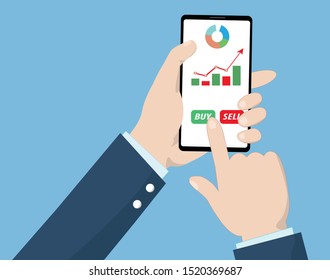 Vectores de diseño plano de las manos humanas que tienen teléfonos móviles para comercializar mediante aplicaciones móviles en línea, marketing digital
