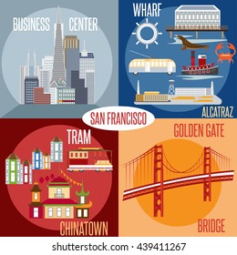 Flat design vectors of landmarks of San Francisco California,USA . Wharf , Alcatraz,Business Center ,Golden Gate bridge and Chinatown illustrations.
