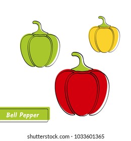 Flat design vegetable education card. Vector illustration with solid green, red and yellow isolated bell peppers, black outline and label on white backdrop for kid game, memory test or eco market sign