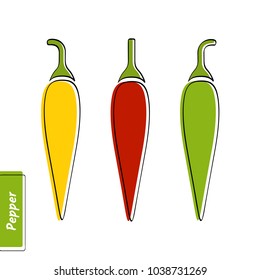 Flat design vegetable education card. Vector illustration with solid green, red and yellow isolated peppers, black outline and label on white background for kid game, memory test or eco market sign.